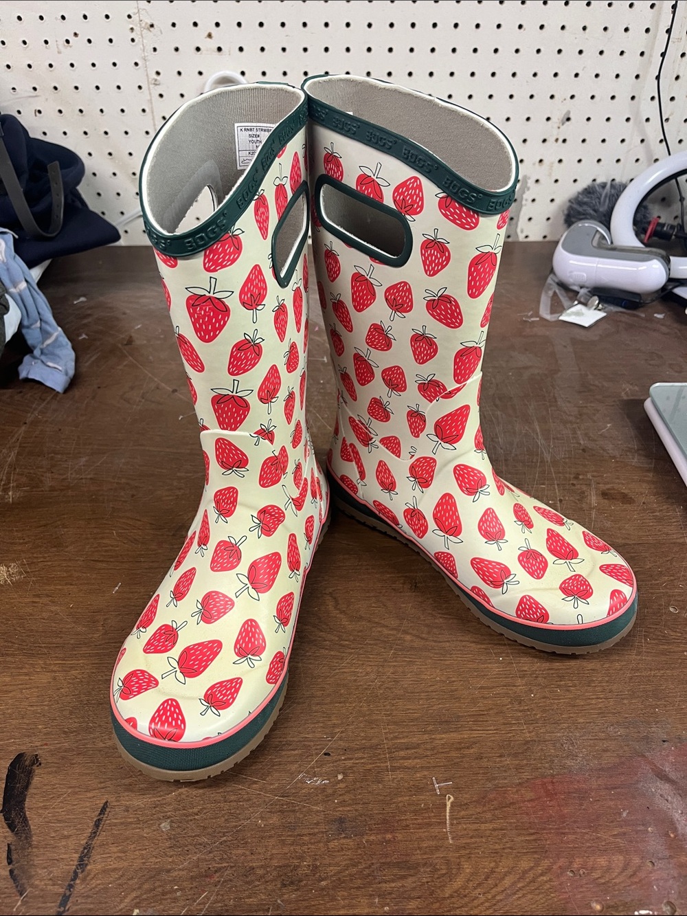 Bogs Red Green Strawberry Tall Rain Boots 100% Waterproof- Youth 6